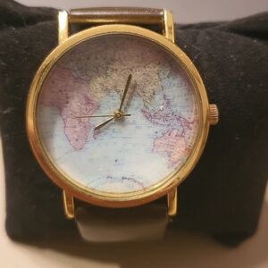 Goldtone/Brown Leather Mapface Men's Watch